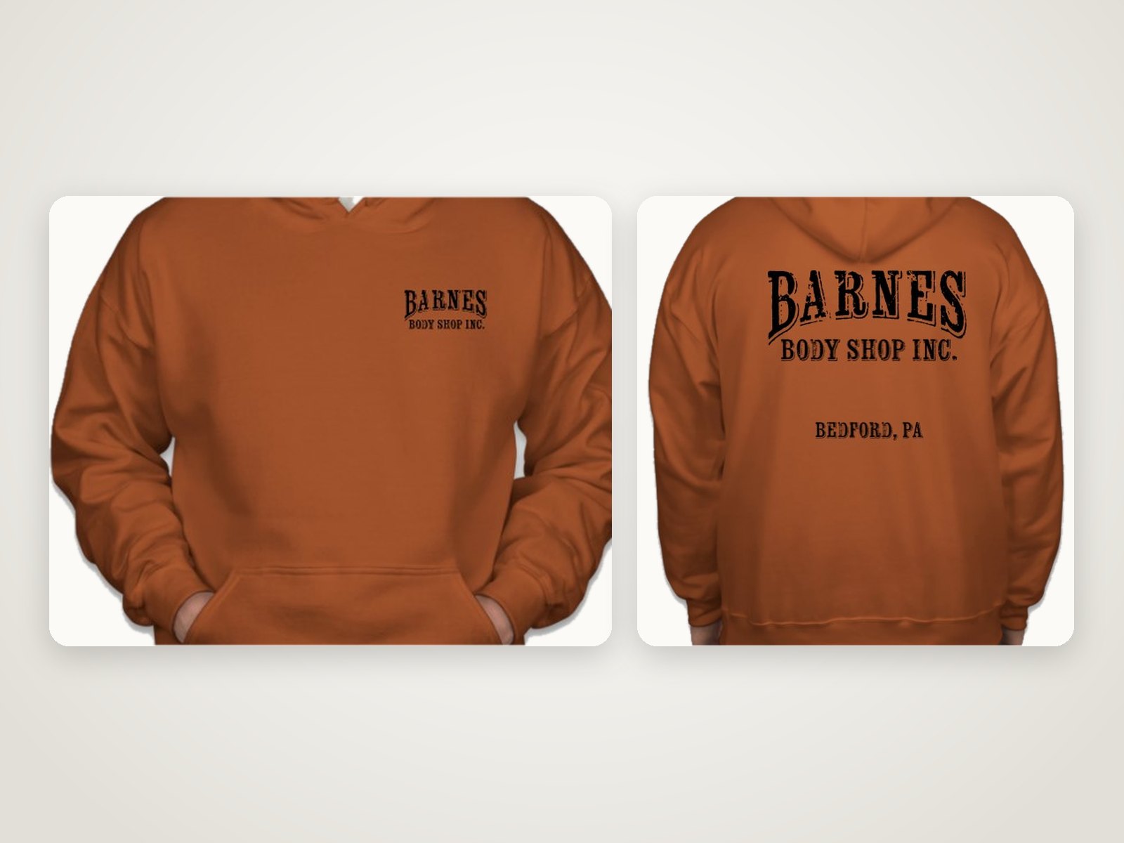 Published Barnes Body Shop hoodie image showing front and back prints