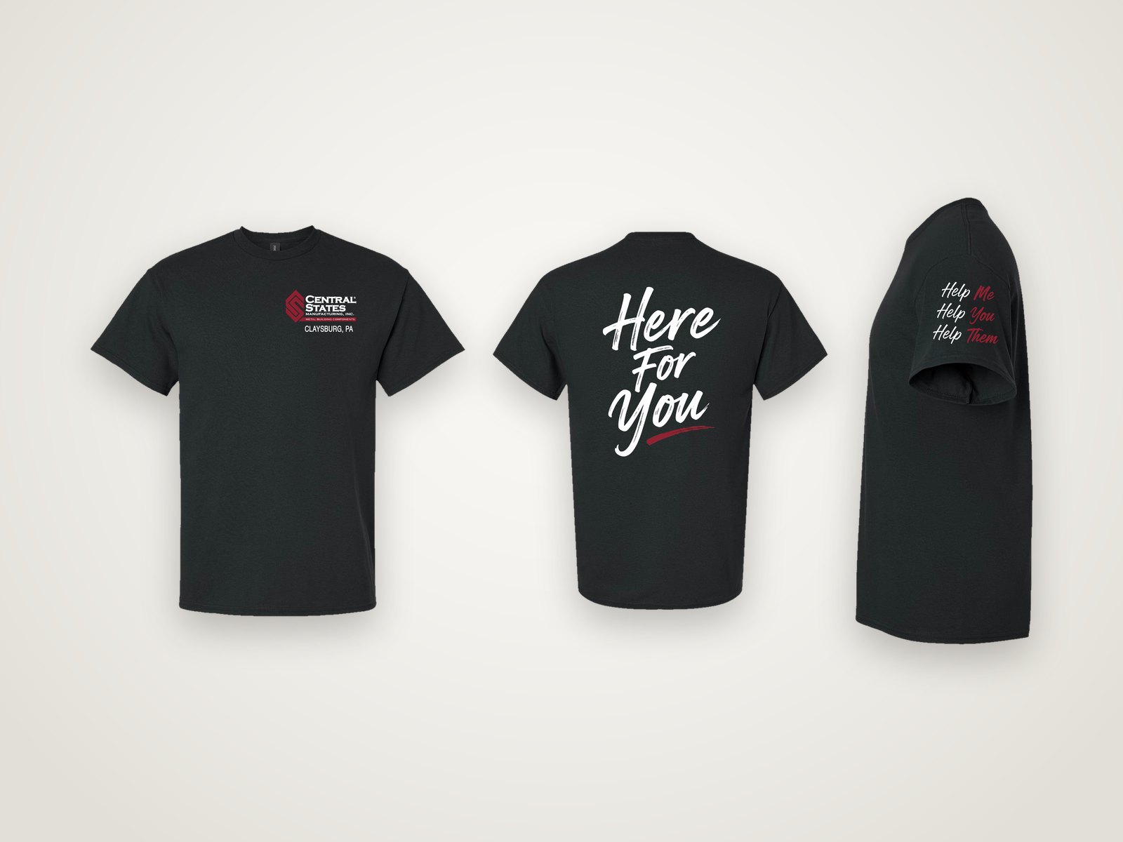 Daugherty’s Central States Manufacturing black tees showing the front logo, back print, and sleeve artwork